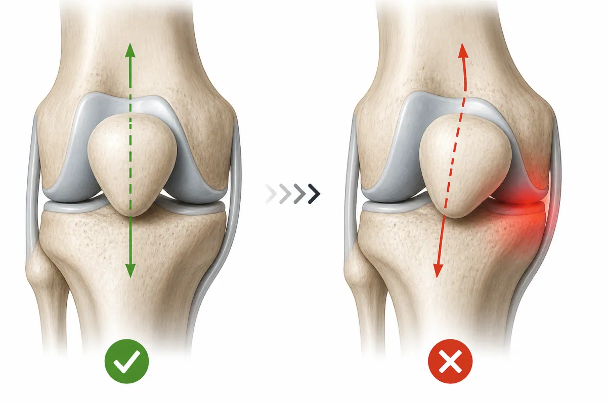 Diagram of two knees. On the left, the kneecap moves straight in its groove. On the right, it moves to the side, with a red area of pain